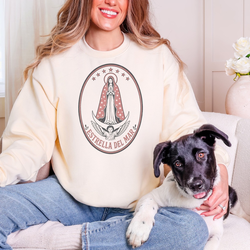 Estrella del Mar Praying Figure on Crescent Moon Badge Sweatshirt